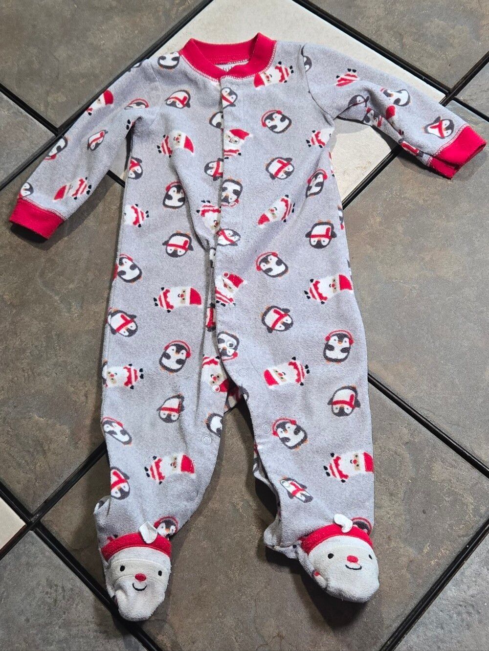 Carter's Santa Penguin Footed Pajamas 6-9 Months Gray Fleece Christmas Sleeper